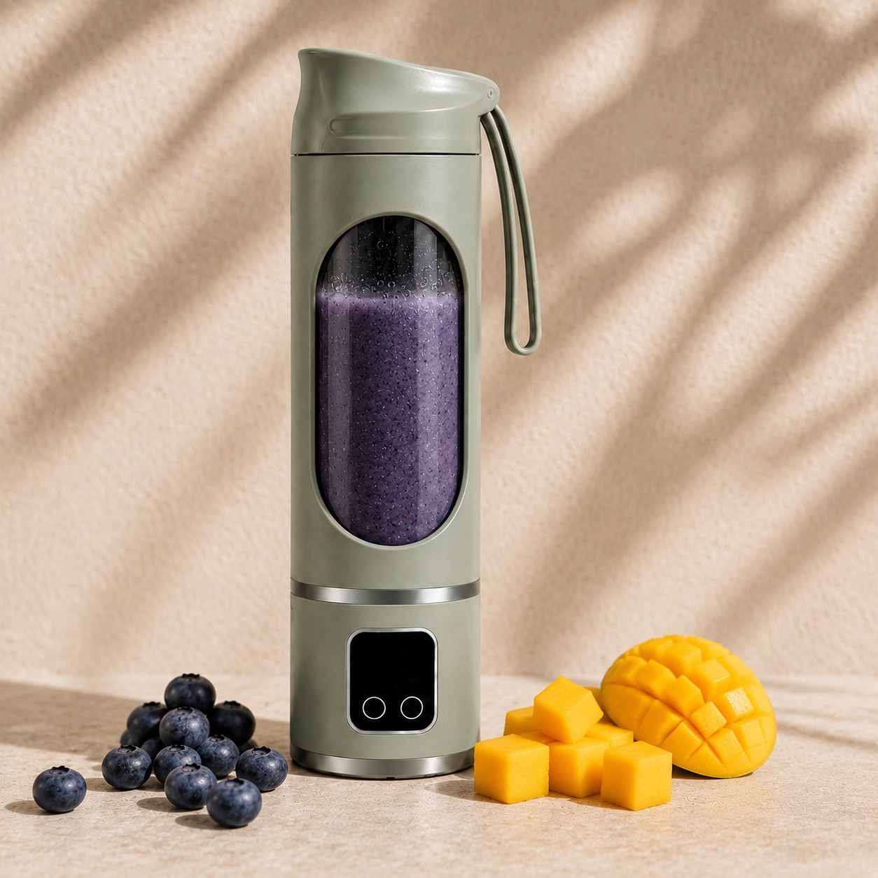 Sage Green Fruvia blender with a purple smoothie, blueberries, and mango cubes beside it