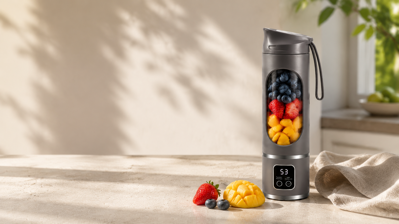 Fruvia portable blender with fresh fruit on a bright kitchen counter