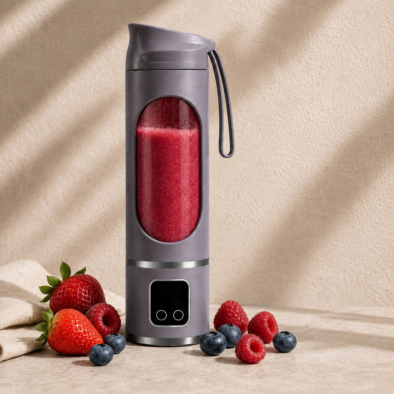 Grey Fruvia blender with a red berry smoothie, strawberries, raspberries, and blueberries beside it