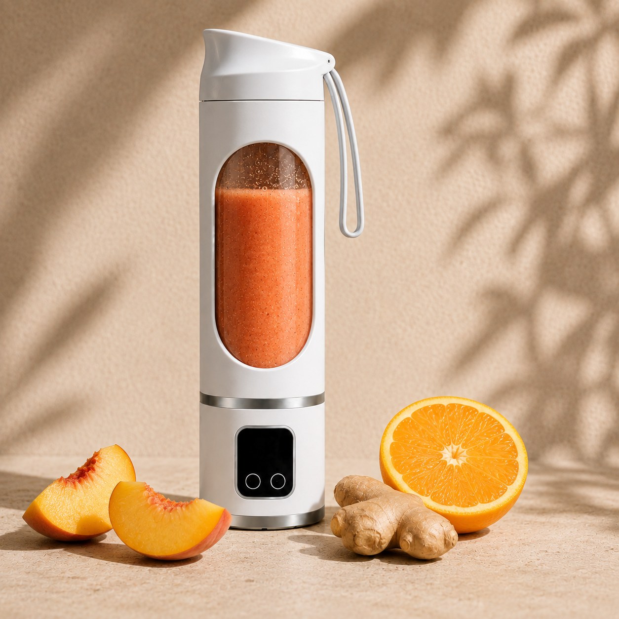 White Fruvia blender with an orange peach smoothie, peach slices, ginger root, and half an orange beside it
