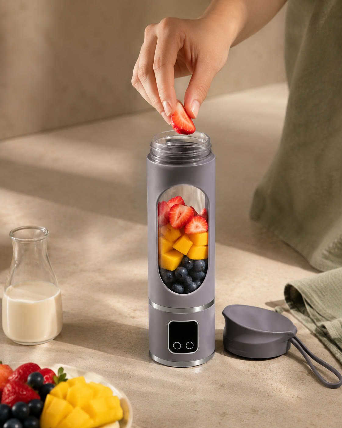 Hand adding fresh strawberries into the Fruvia portable blender