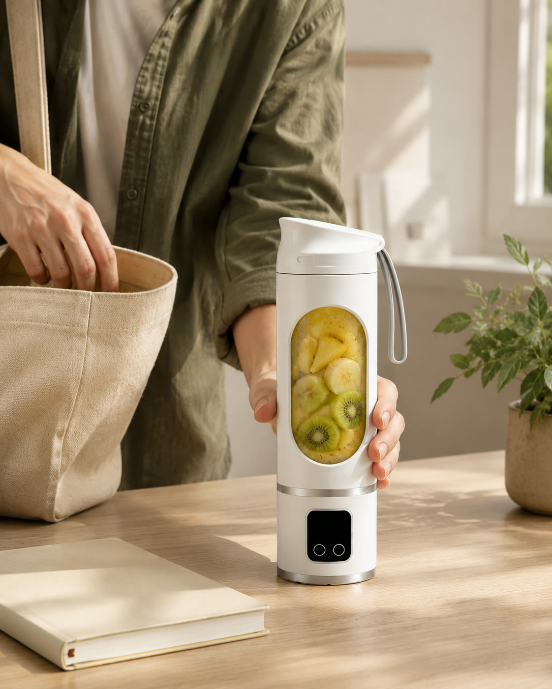 White Fruvia blender with kiwi, banana, and pear ready to blend
